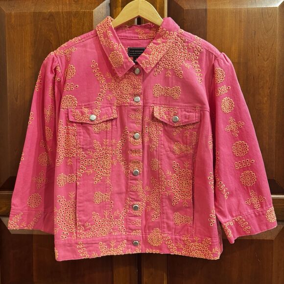 G by Giuliana Women's Black Label Puff-Sleeve Eyelet Jean Jacket Magenta Size 1X - Picture 4 of 16